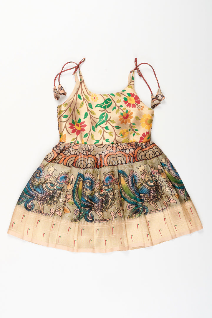 Silk blend Kalamkari tie-up frock for baby girls with peacock border