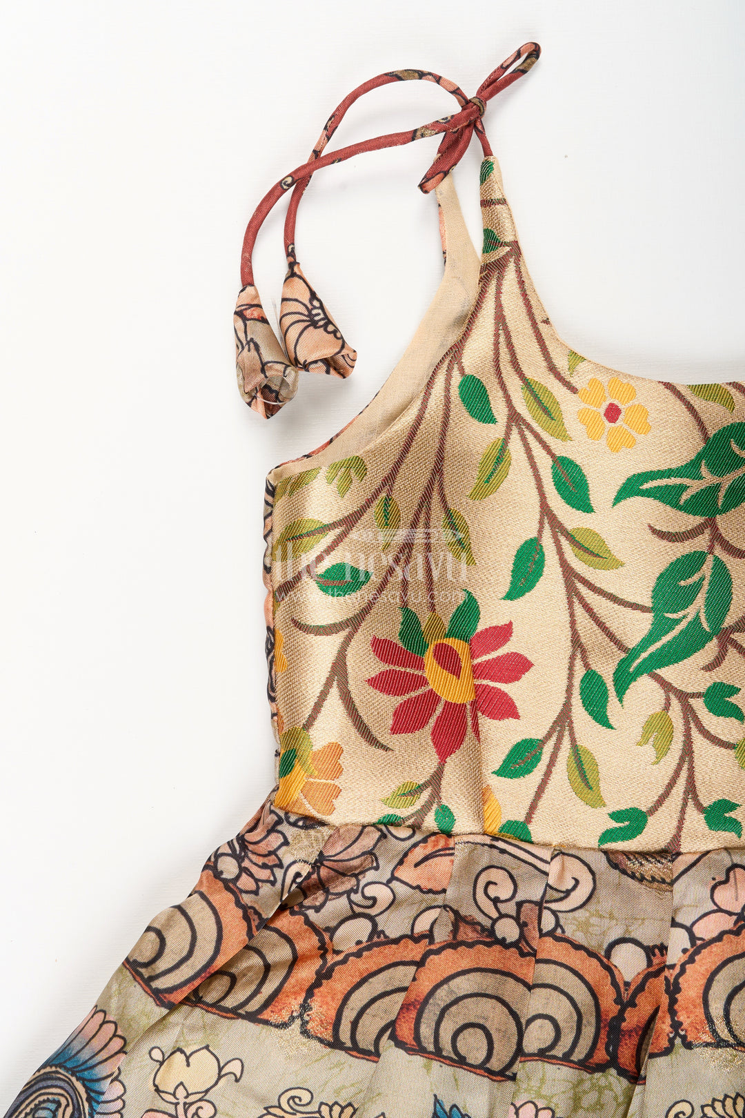 Silk blend Kalamkari tie-up frock for baby girls with peacock border