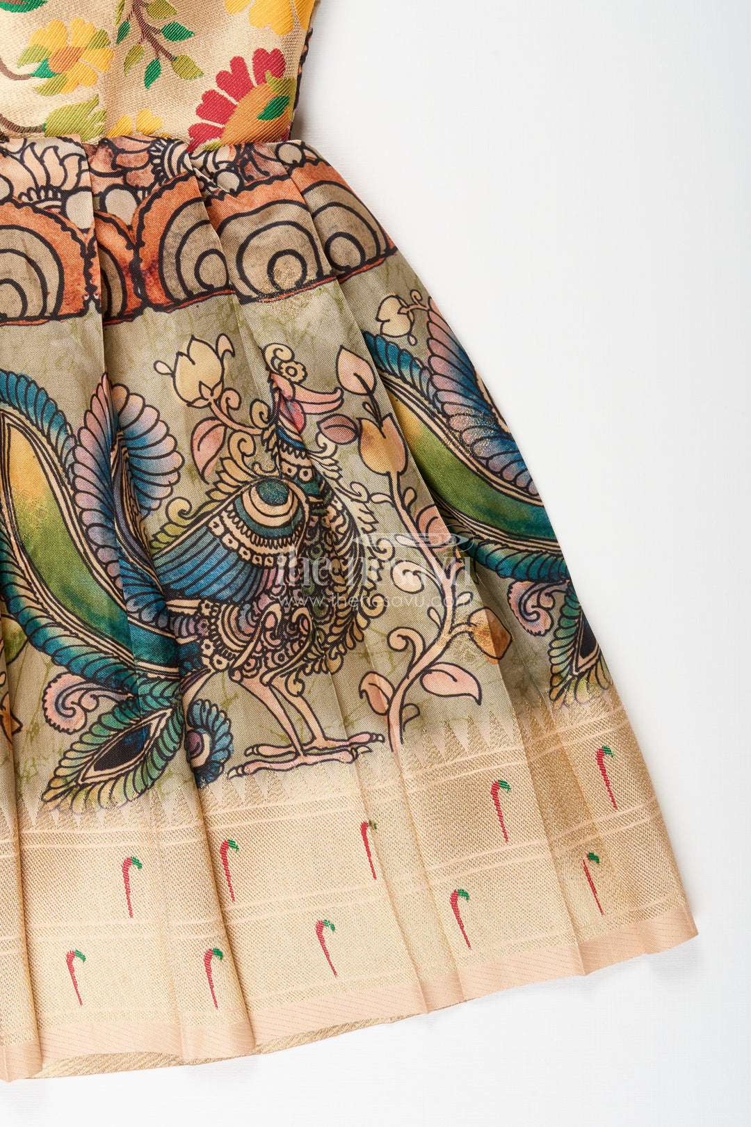 Silk blend Kalamkari tie-up frock for baby girls with peacock border