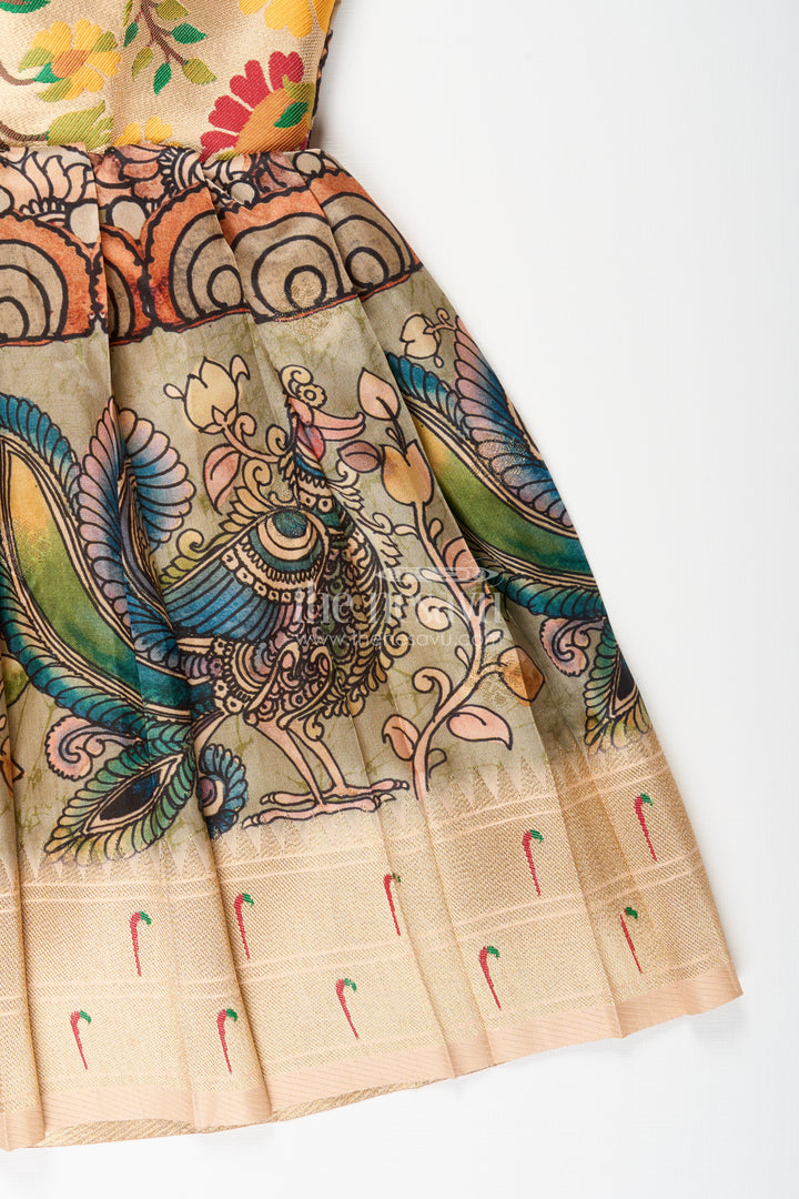 Silk blend Kalamkari tie-up frock for baby girls with peacock border