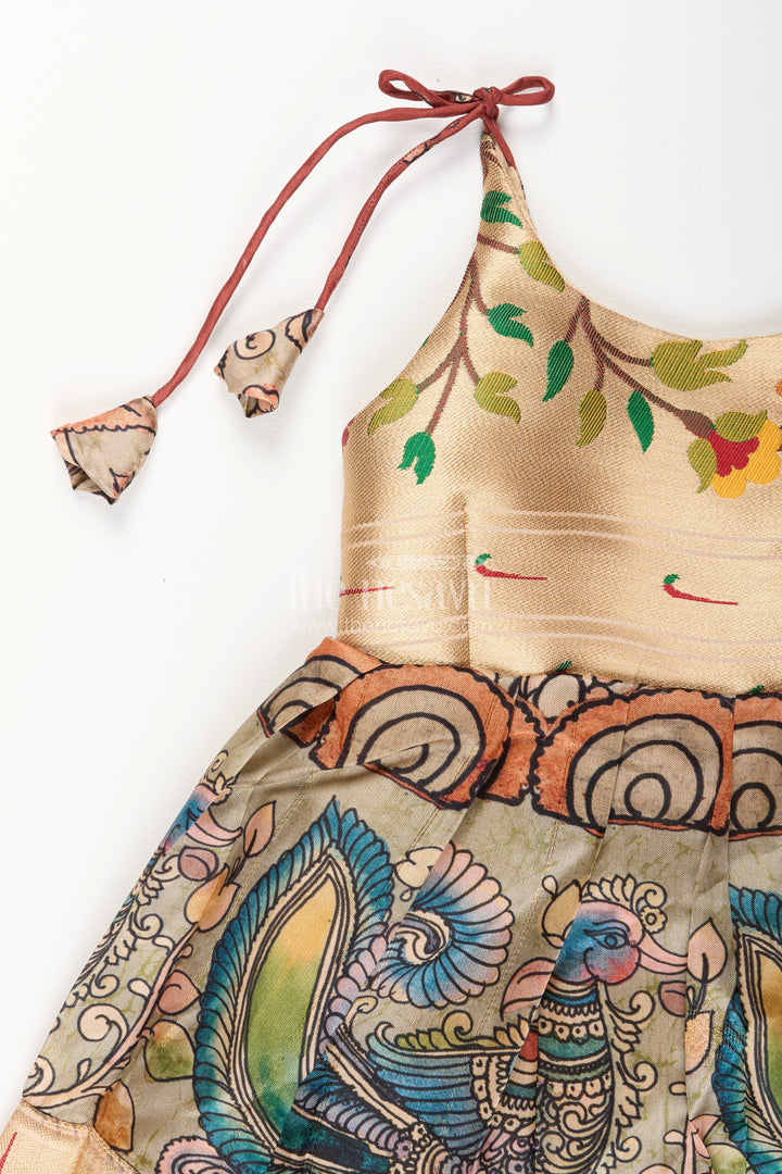 Silk blend Kalamkari tie-up frock for baby girls with peacock border