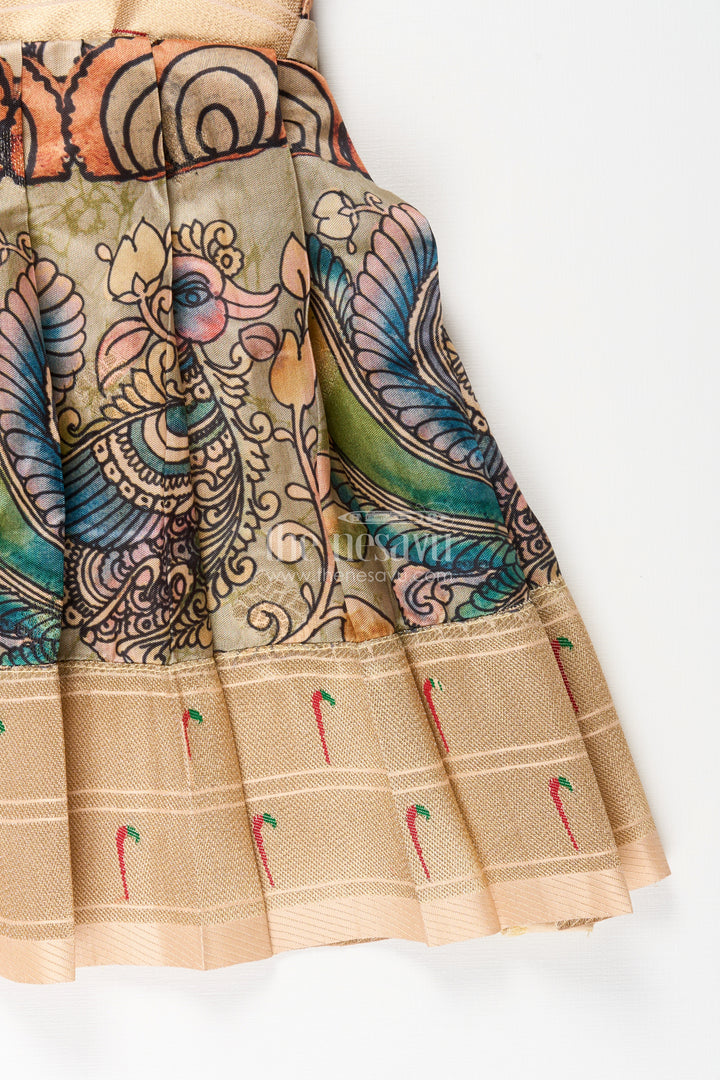 Silk blend Kalamkari tie-up frock for baby girls with peacock border