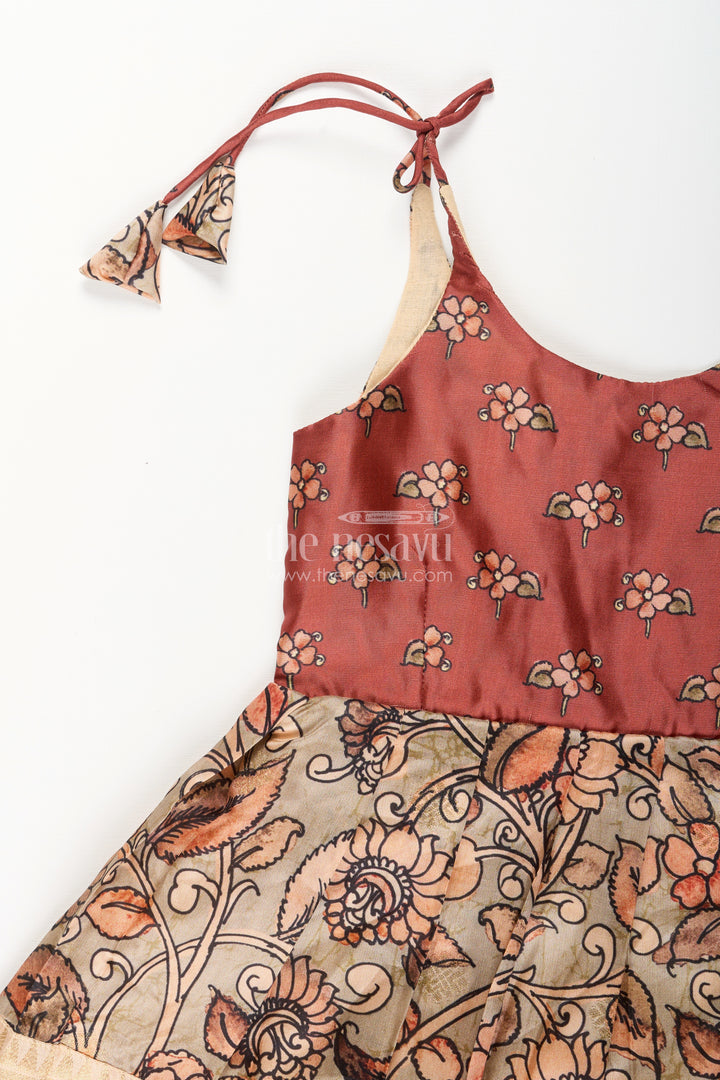 Silk blend Kalamkari tie-up frock for baby girls with peacock border