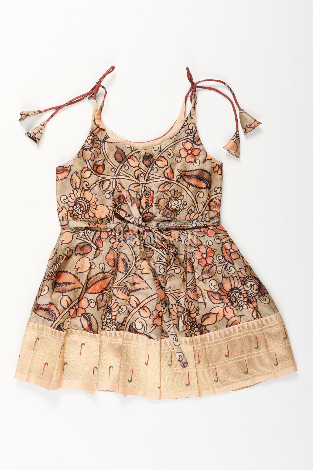 Silk blend Kalamkari tie-up frock for baby girls with peacock border
