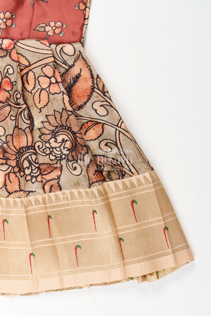 Silk blend Kalamkari tie-up frock for baby girls with peacock border