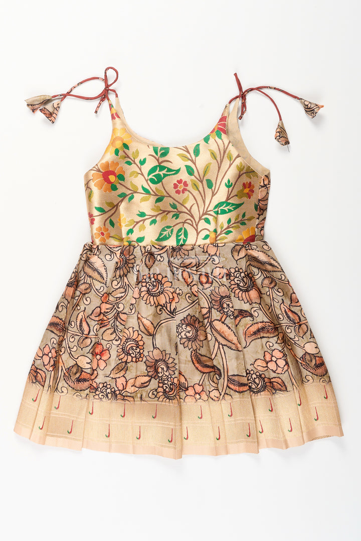 Silk blend Kalamkari tie-up frock for baby girls with peacock border