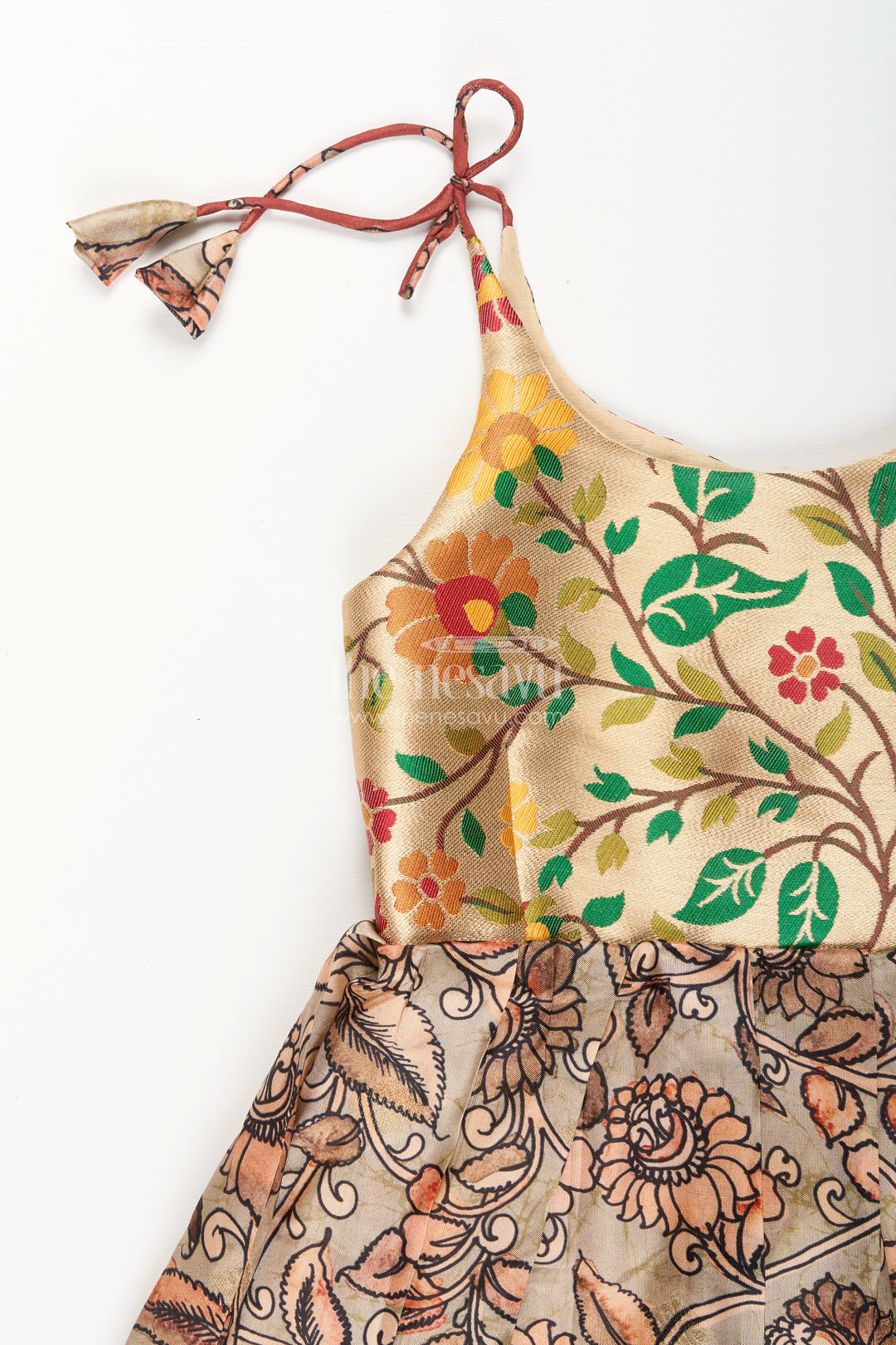 Silk blend Kalamkari tie-up frock for baby girls with peacock border