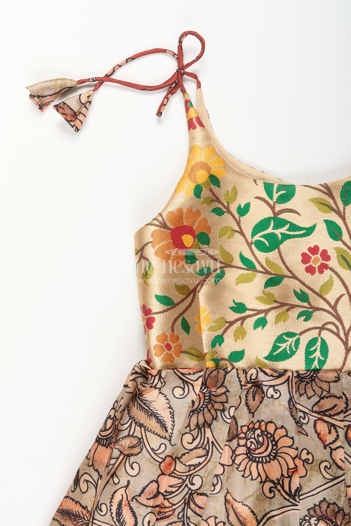 Silk blend Kalamkari tie-up frock for baby girls with peacock border