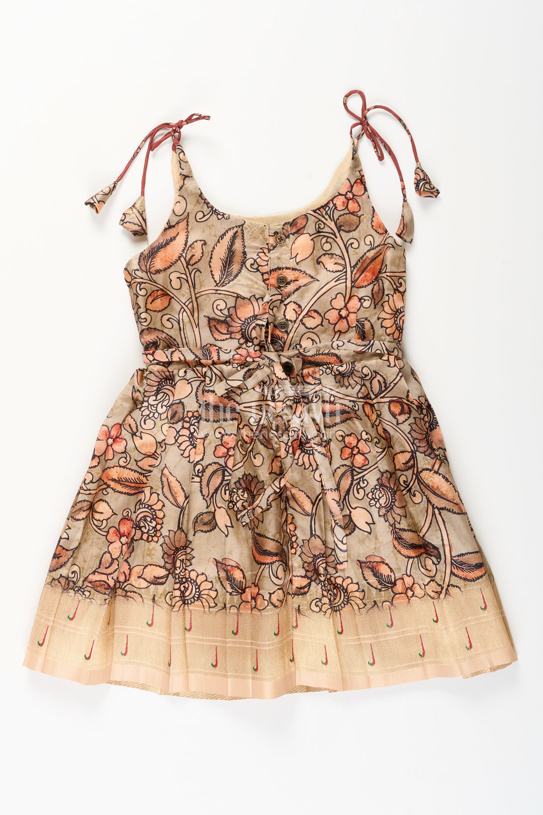 Silk blend Kalamkari tie-up frock for baby girls with peacock border