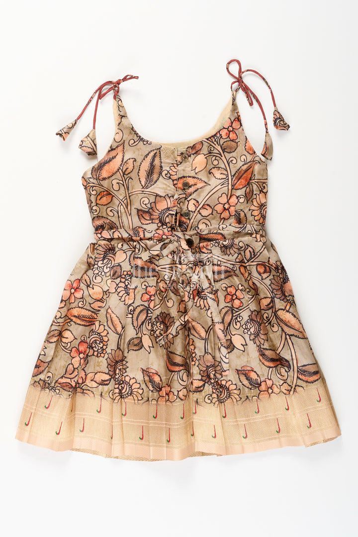 Silk blend Kalamkari tie-up frock for baby girls with peacock border