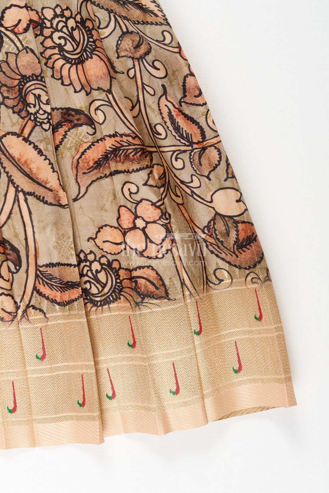 Silk blend Kalamkari tie-up frock for baby girls with peacock border