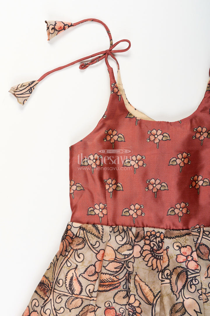 Silk blend Kalamkari tie-up frock for baby girls with peacock border