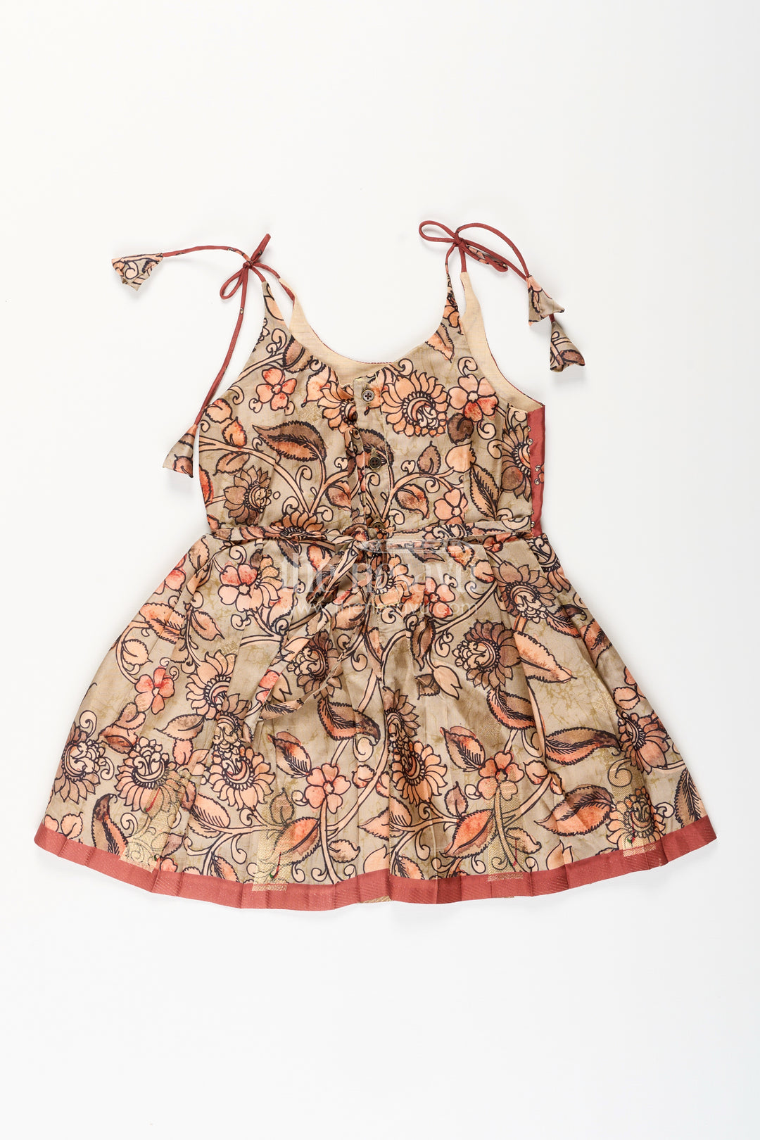 Silk blend Kalamkari tie-up frock for baby girls with peacock border