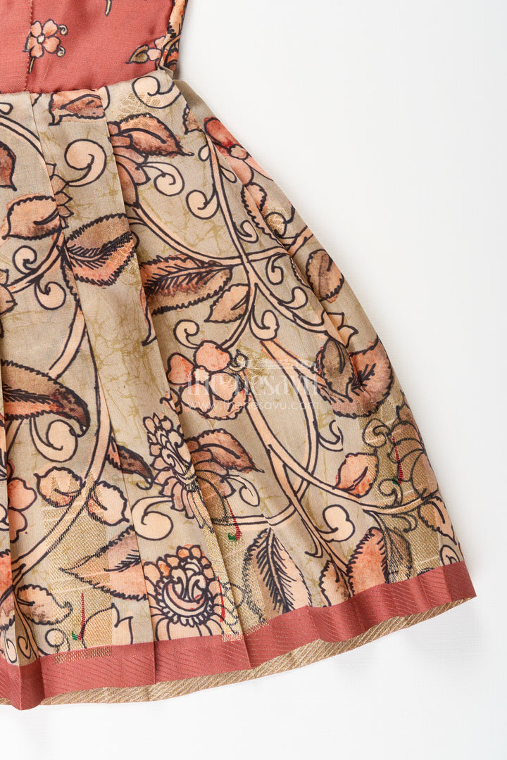 Silk blend Kalamkari tie-up frock for baby girls with peacock border