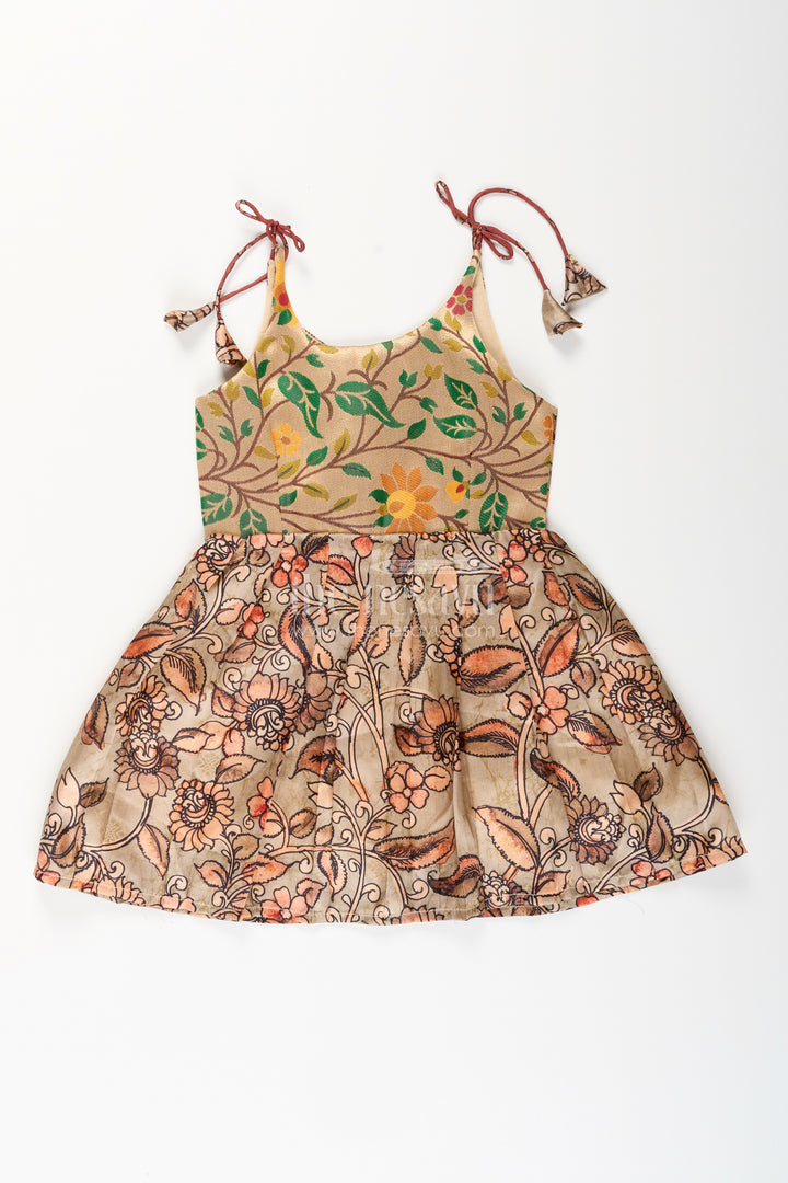 Silk blend Kalamkari tie-up frock for baby girls with peacock border