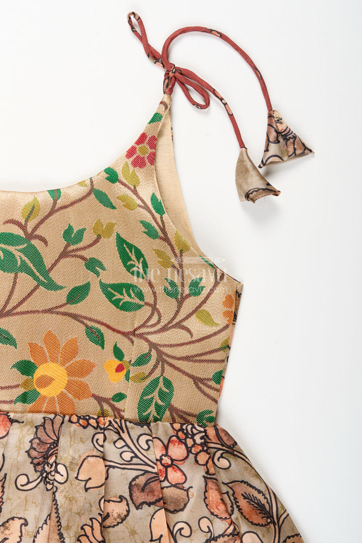 Silk blend Kalamkari tie-up frock for baby girls with peacock border