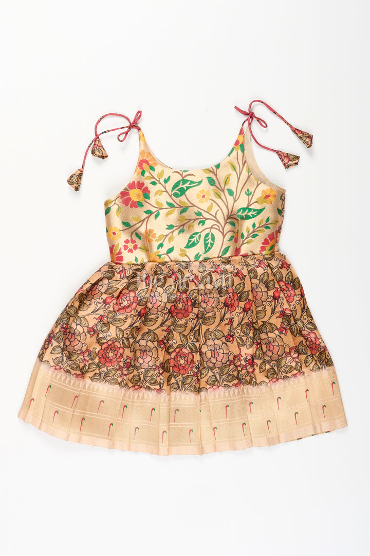 Silk blend floral tie-up frock for baby girls with traditional gold border