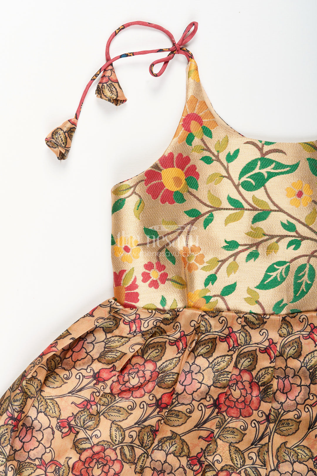Silk blend floral tie-up frock for baby girls with traditional gold border