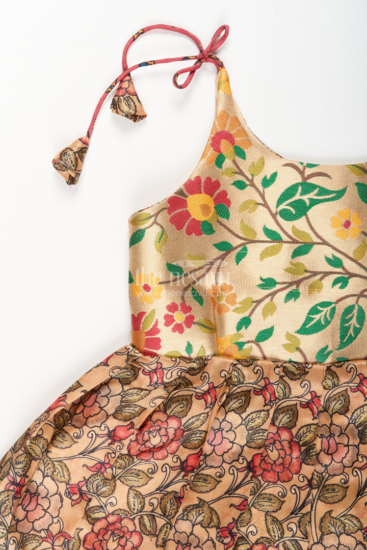 Silk blend floral tie-up frock for baby girls with traditional gold border