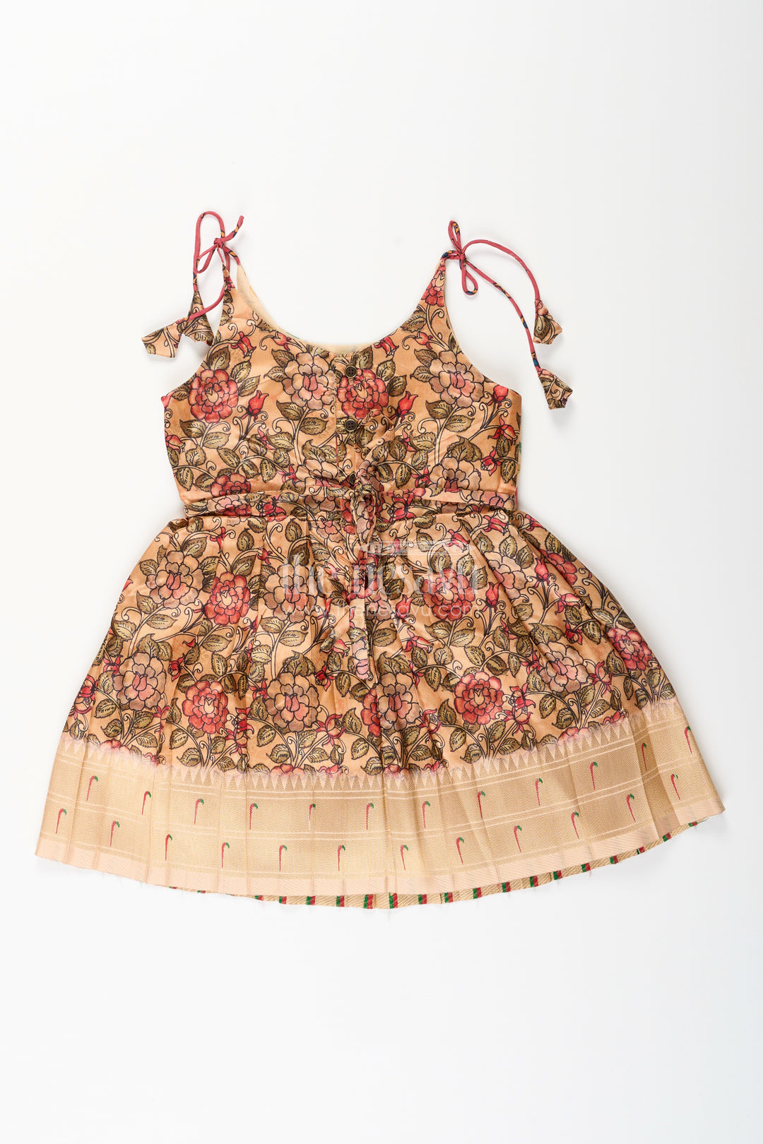 Silk blend floral tie-up frock for baby girls with traditional gold border