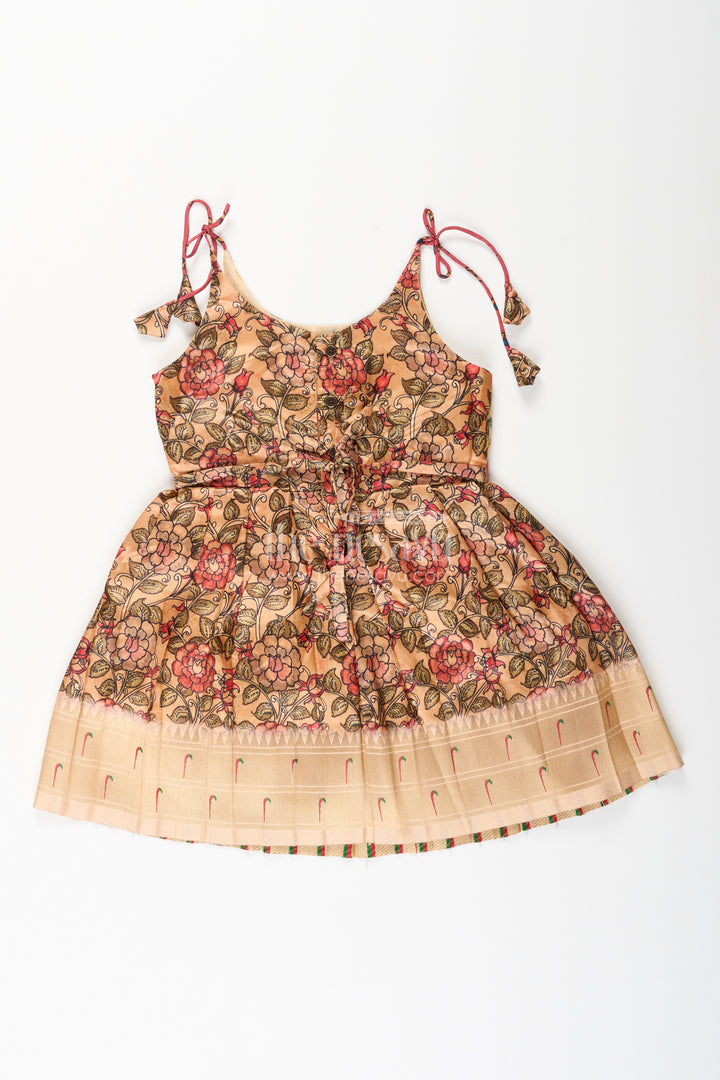 Silk blend floral tie-up frock for baby girls with traditional gold border