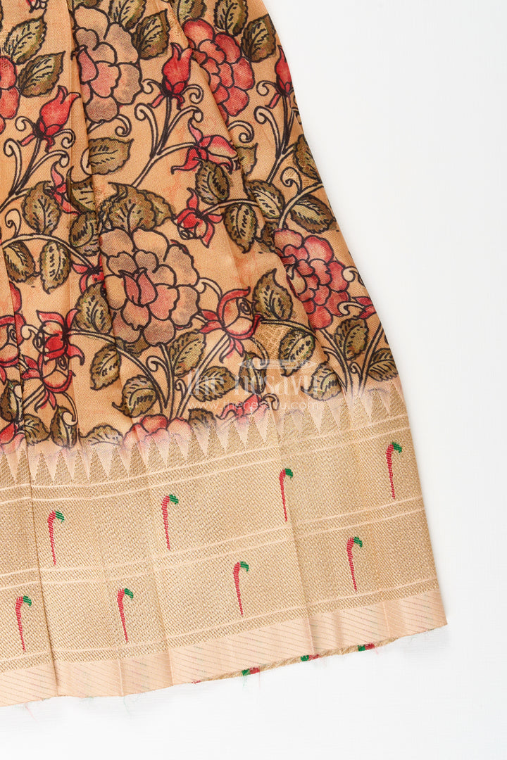 Silk blend floral tie-up frock for baby girls with traditional gold border