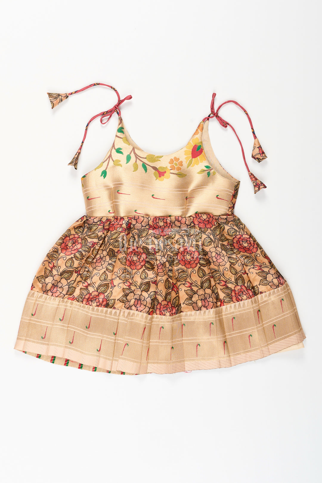 Silk blend floral tie-up frock for baby girls with traditional gold border