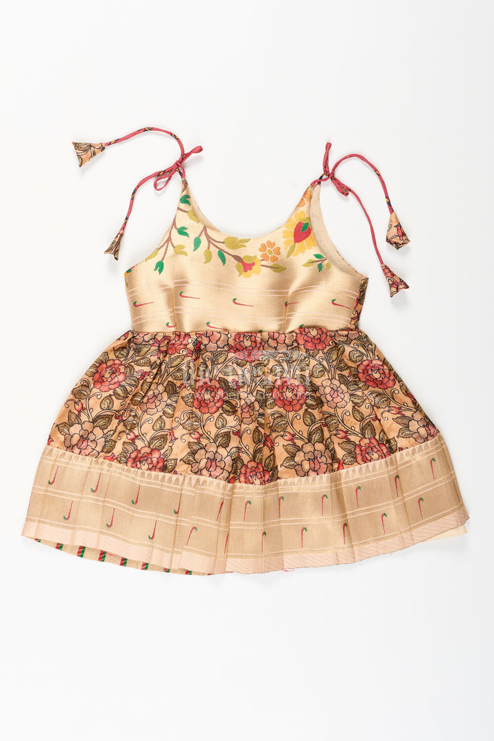 Silk blend floral tie-up frock for baby girls with traditional gold border