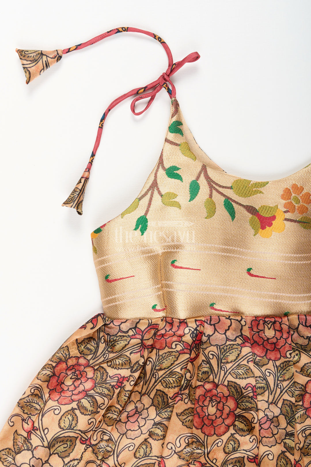 Silk blend floral tie-up frock for baby girls with traditional gold border