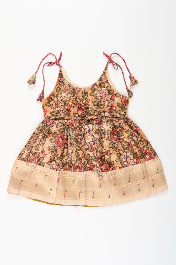 Silk blend floral tie-up frock for baby girls with traditional gold border