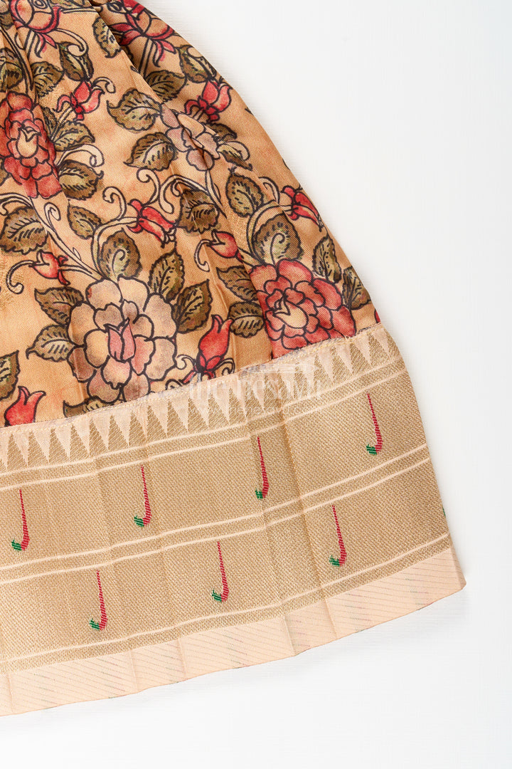 Silk blend floral tie-up frock for baby girls with traditional gold border