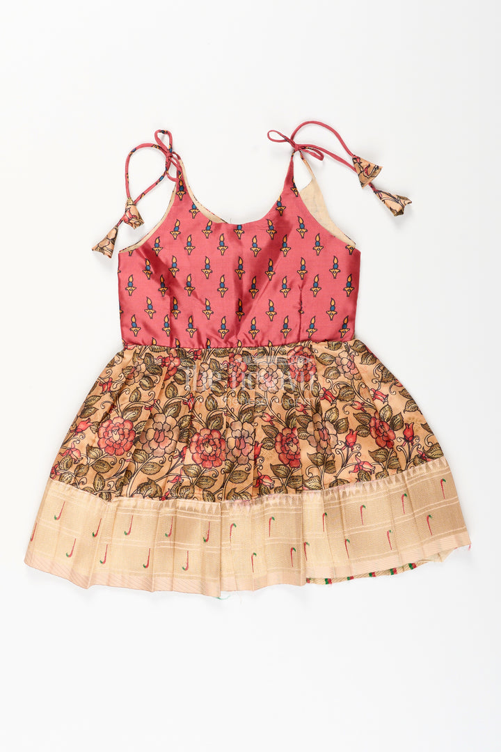 Silk blend floral tie-up frock for baby girls with traditional gold border