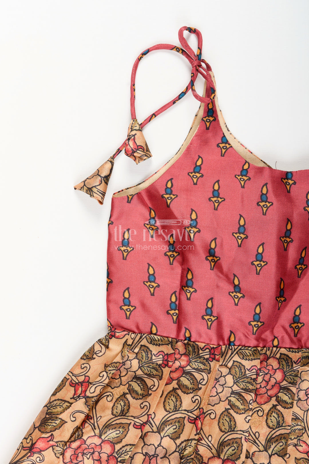 Silk blend floral tie-up frock for baby girls with traditional gold border