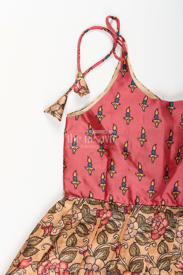 Silk blend floral tie-up frock for baby girls with traditional gold border