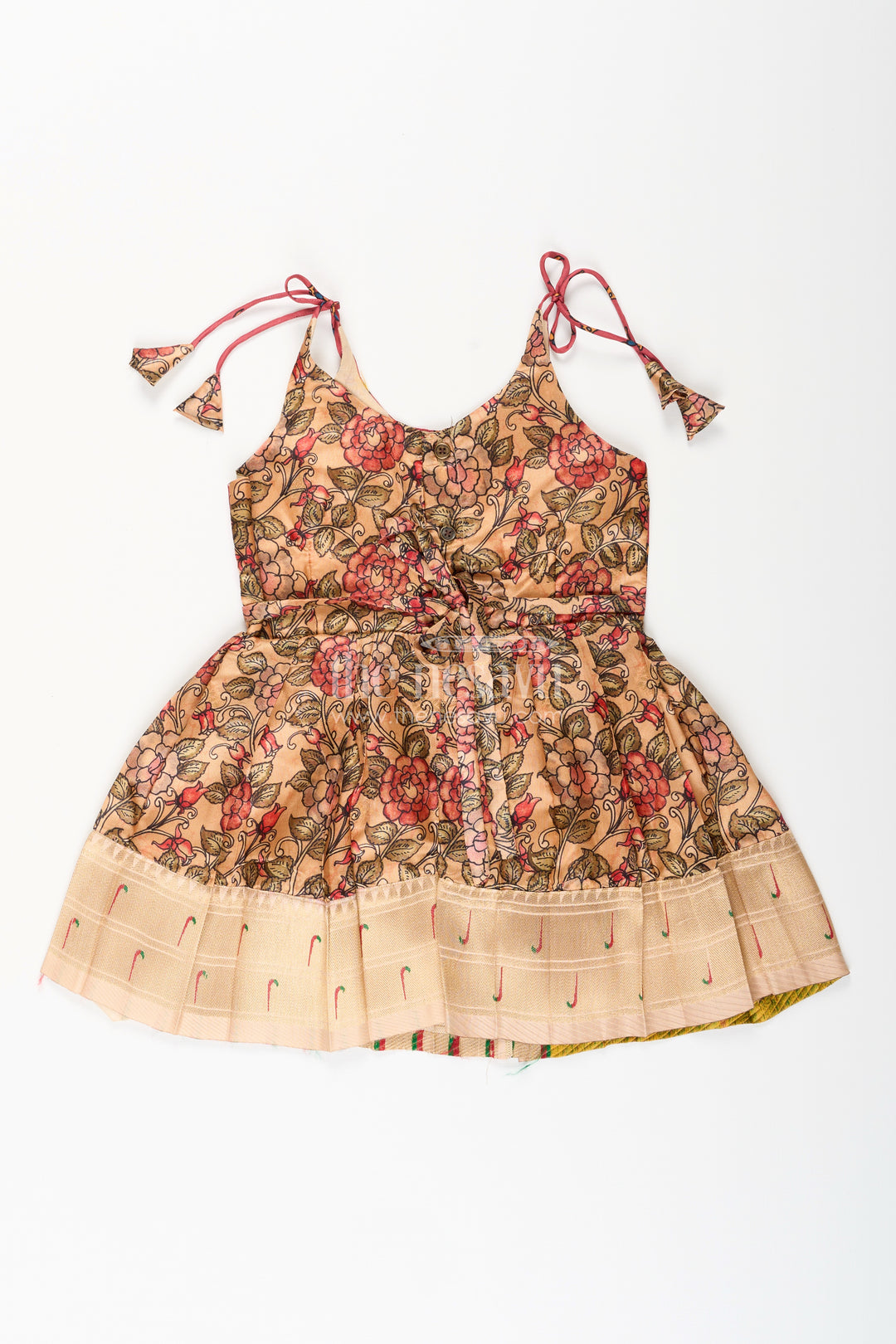 Silk blend floral tie-up frock for baby girls with traditional gold border