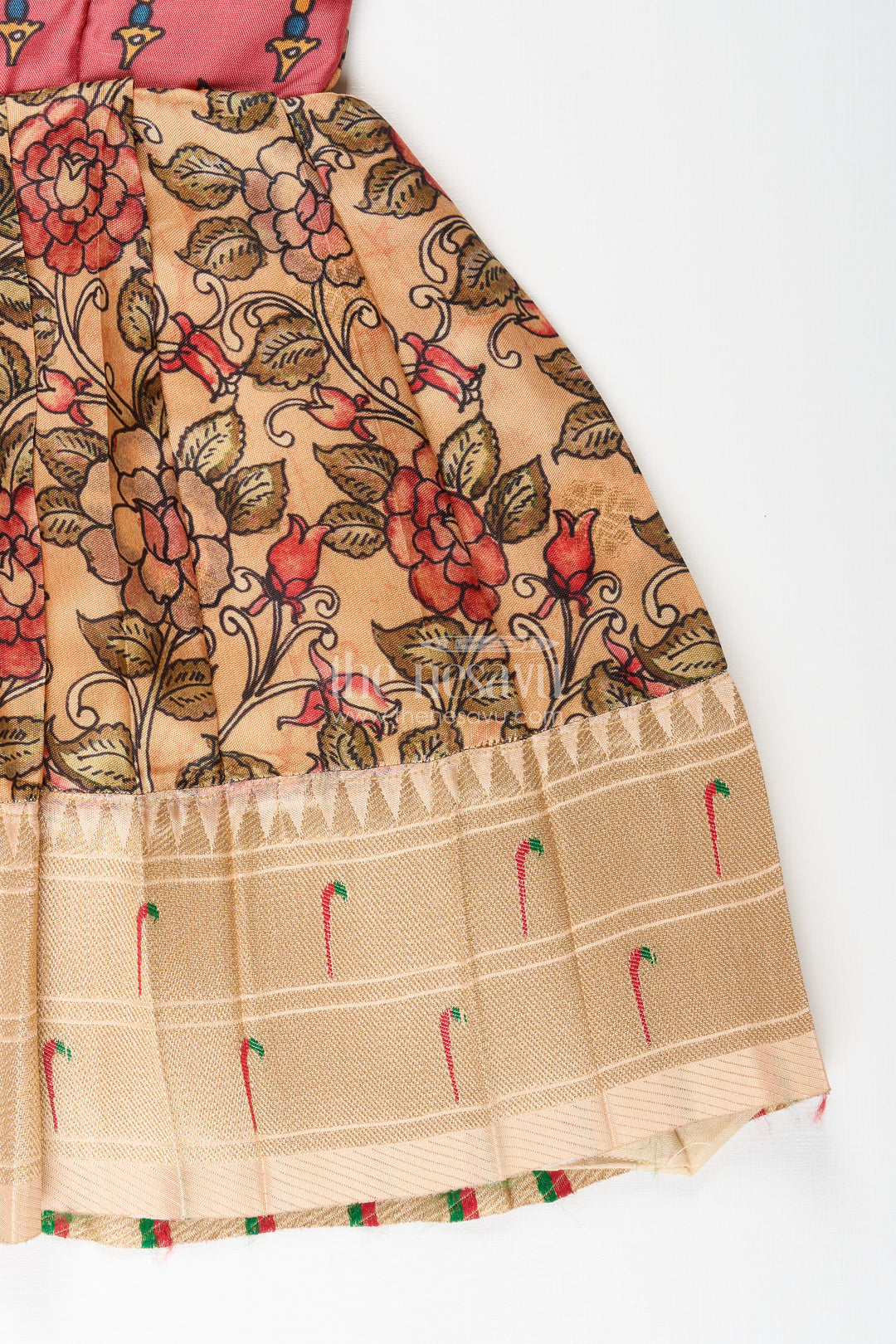 Silk blend floral tie-up frock for baby girls with traditional gold border