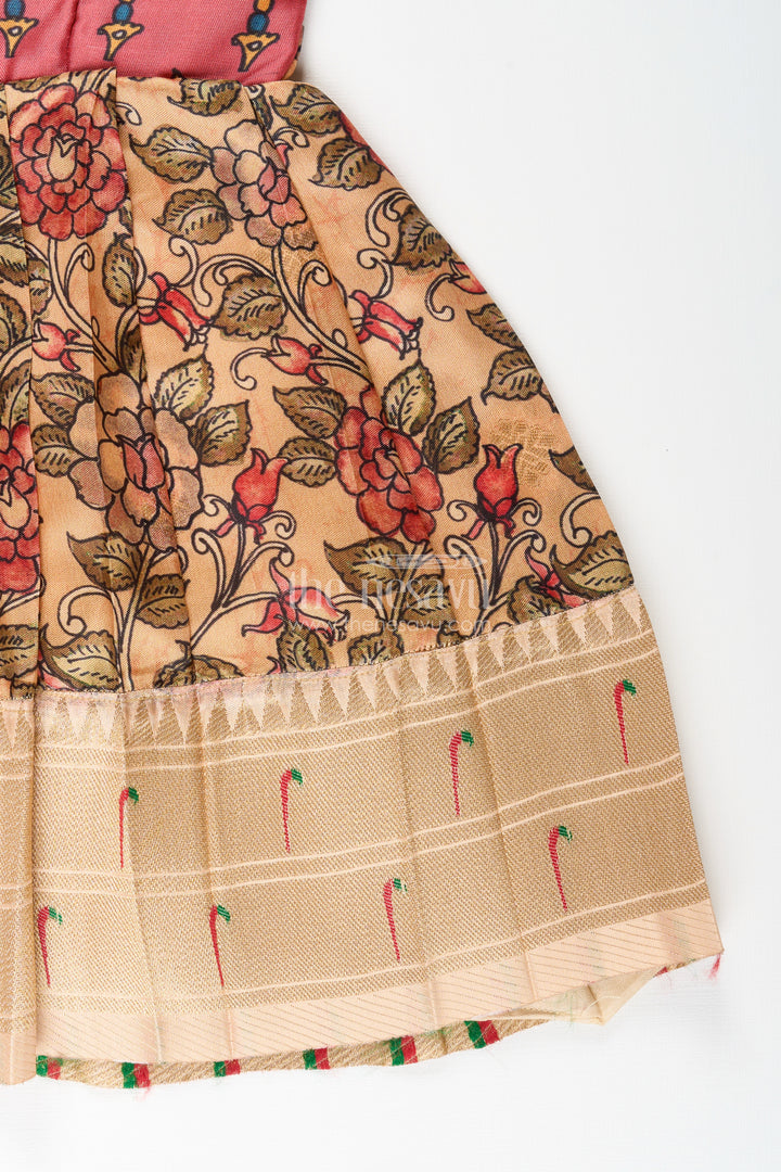 Silk blend floral tie-up frock for baby girls with traditional gold border