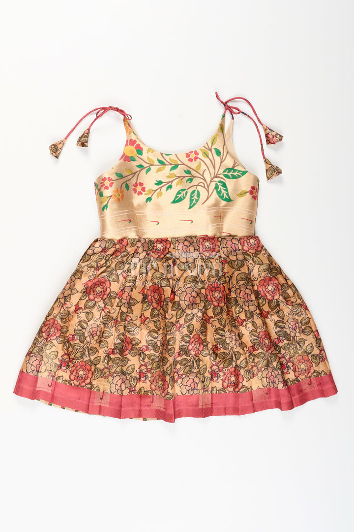 Silk blend floral tie-up frock for baby girls with traditional gold border