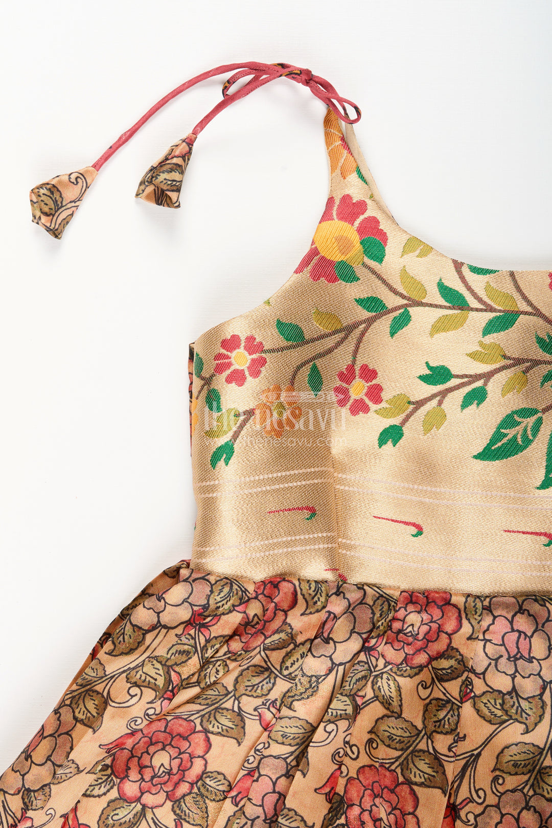 Silk blend floral tie-up frock for baby girls with traditional gold border