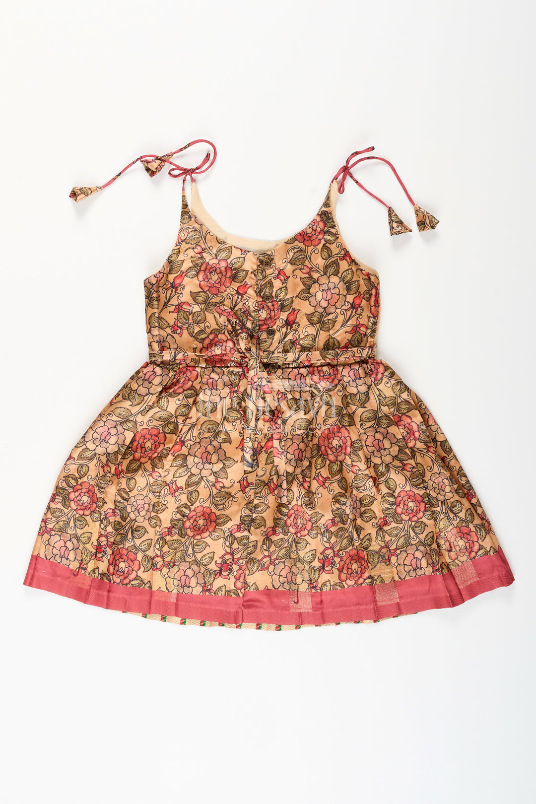 Silk blend floral tie-up frock for baby girls with traditional gold border