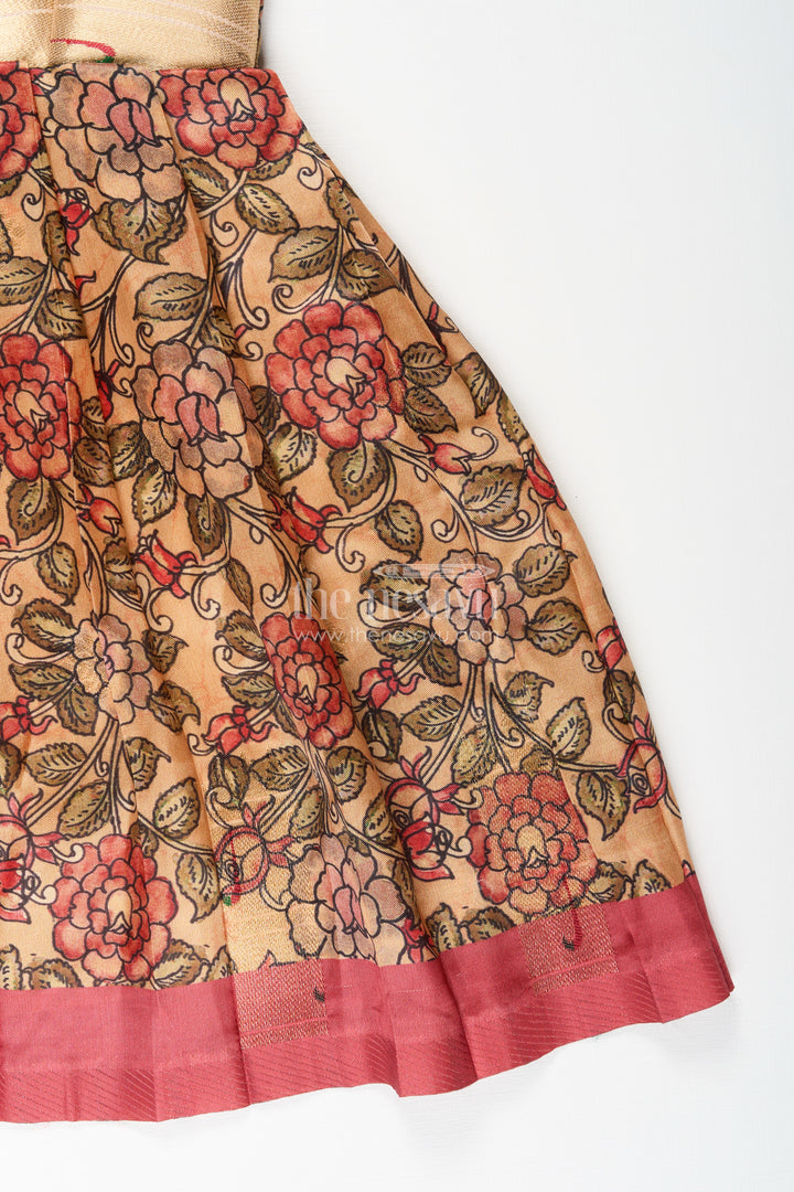 Silk blend floral tie-up frock for baby girls with traditional gold border