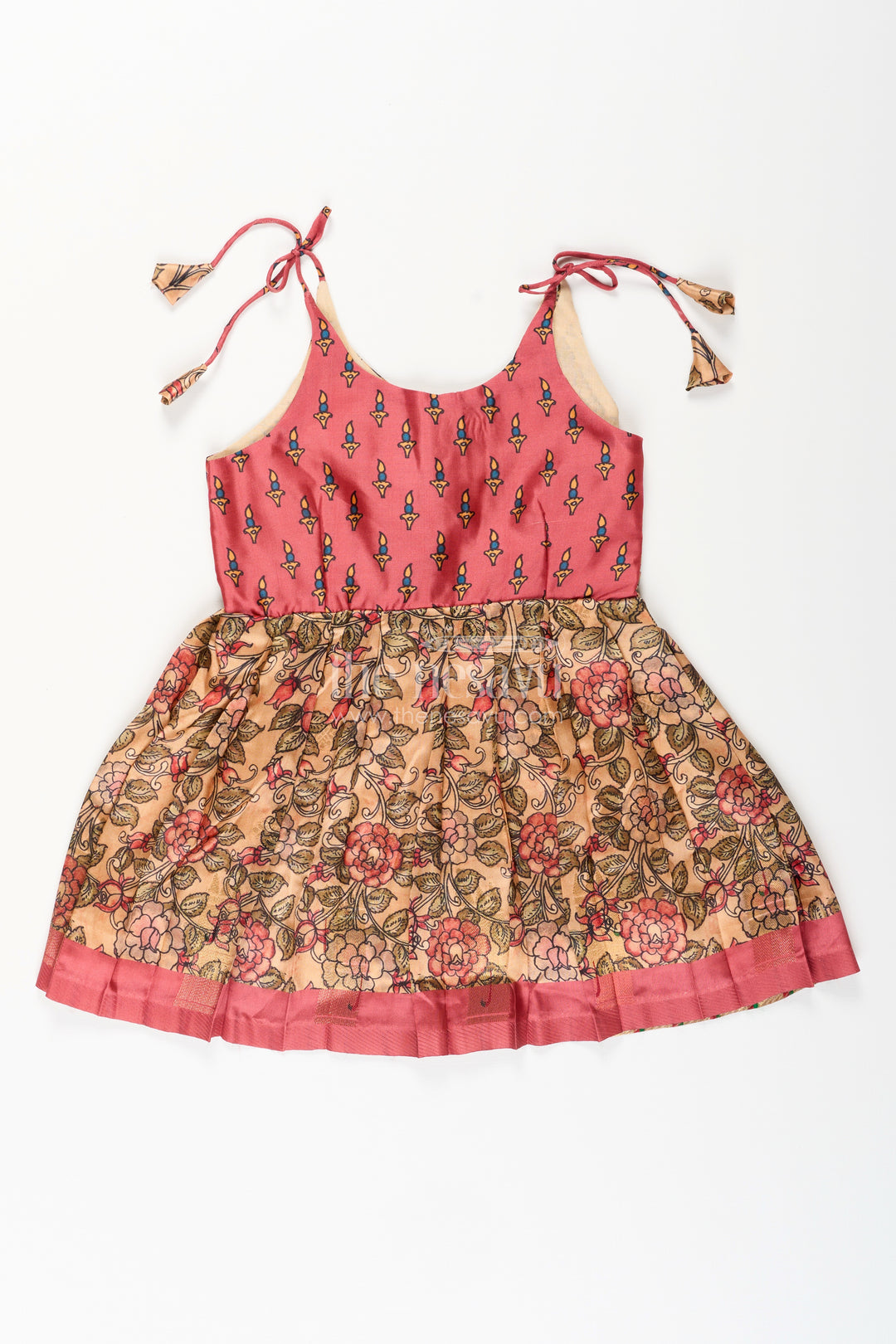 Silk blend floral tie-up frock for baby girls with traditional gold border