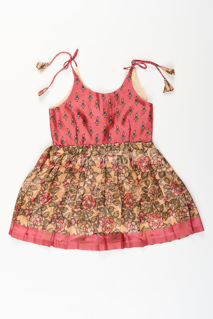 Silk blend floral tie-up frock for baby girls with traditional gold border