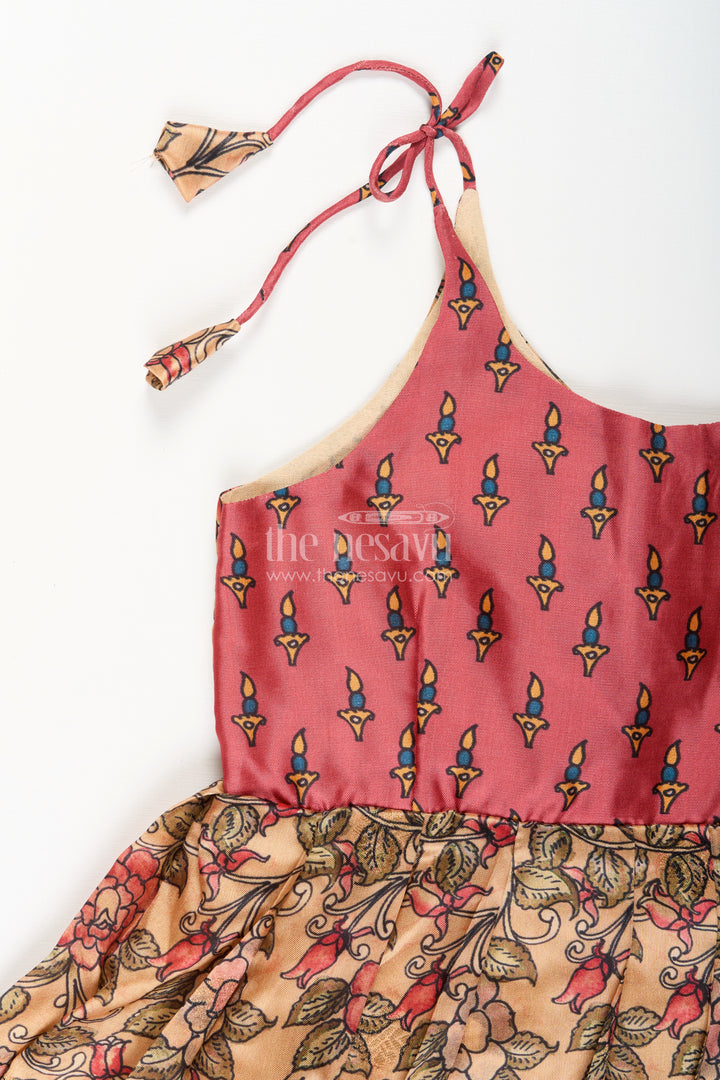 Silk blend floral tie-up frock for baby girls with traditional gold border