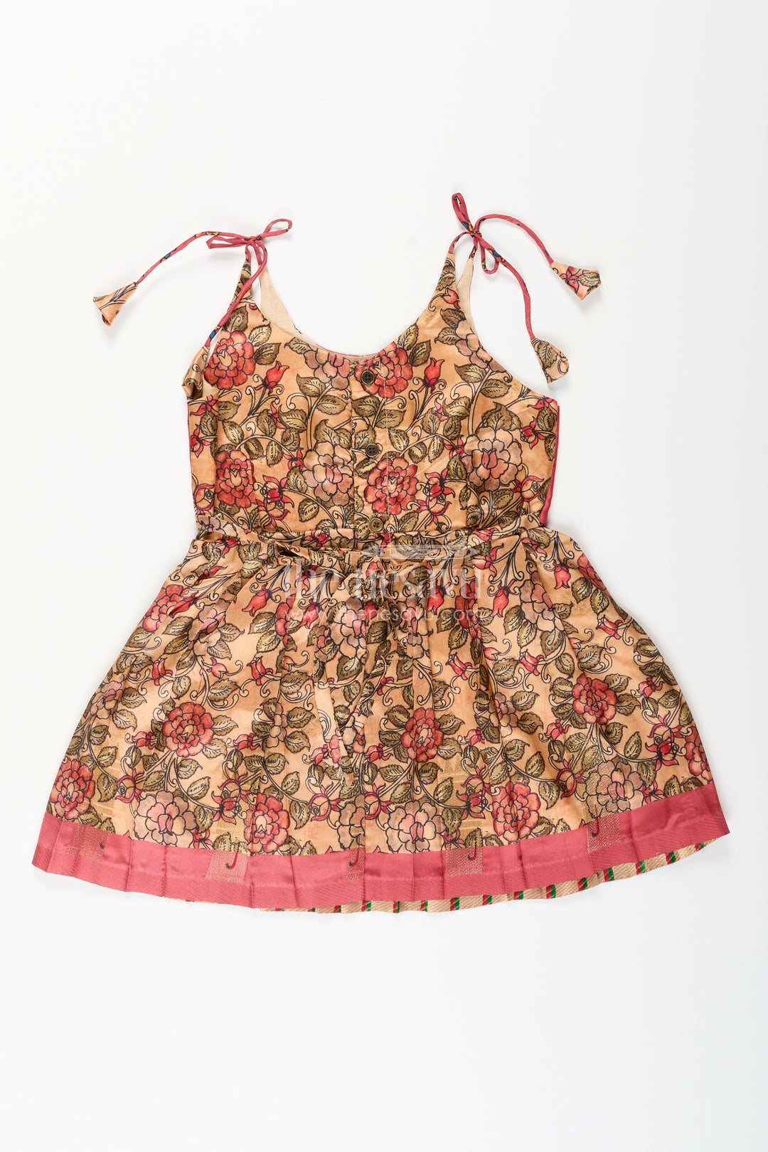 Silk blend floral tie-up frock for baby girls with traditional gold border
