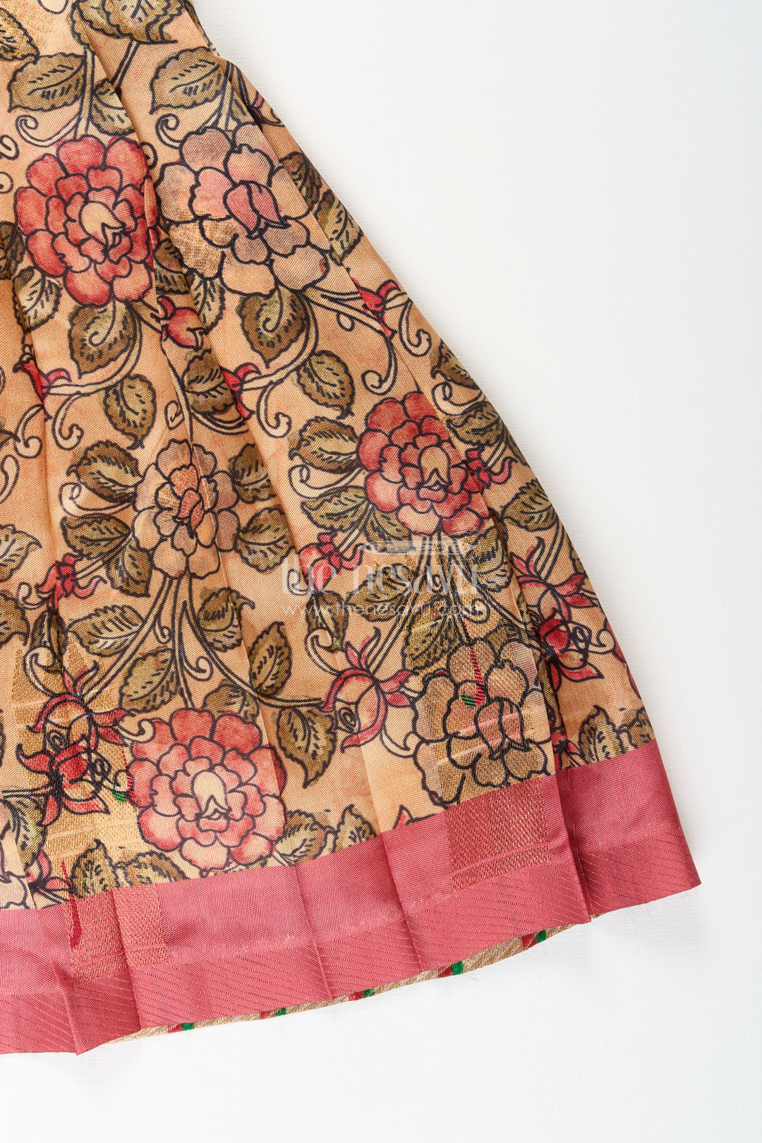 Silk blend floral tie-up frock for baby girls with traditional gold border