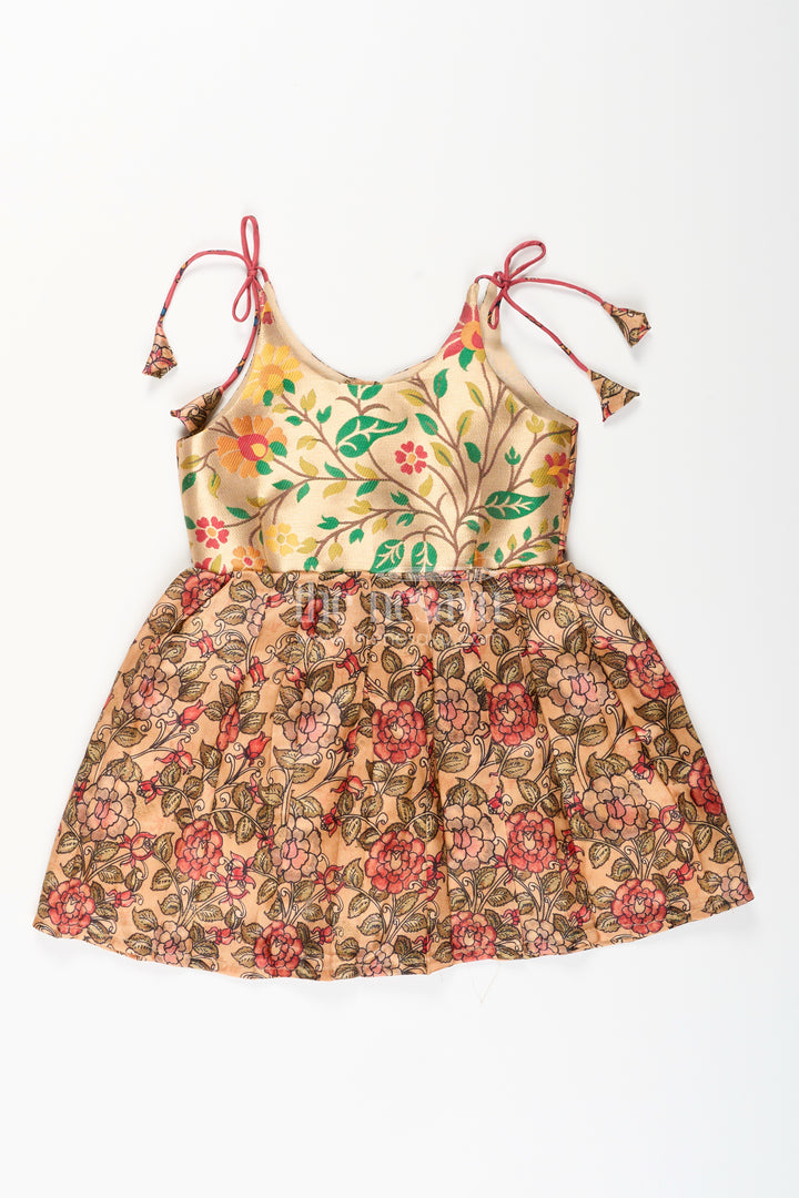 Silk blend floral tie-up frock for baby girls with traditional gold border