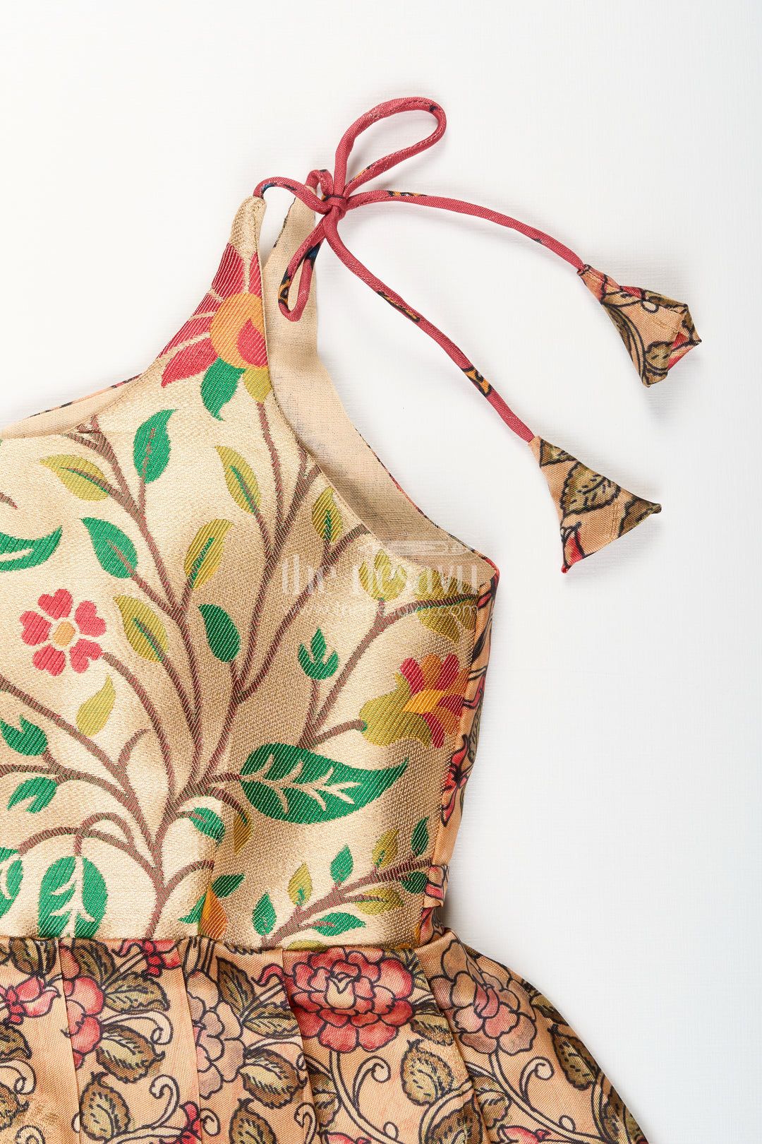 Silk blend floral tie-up frock for baby girls with traditional gold border