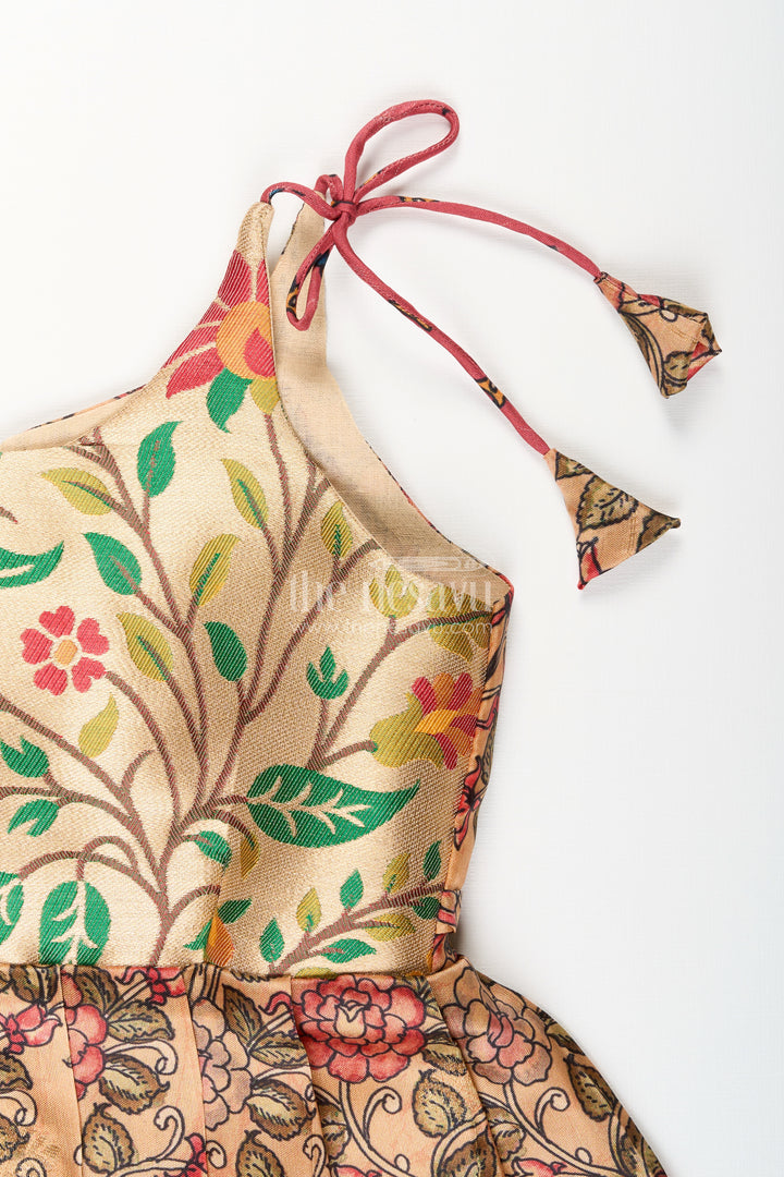 Silk blend floral tie-up frock for baby girls with traditional gold border