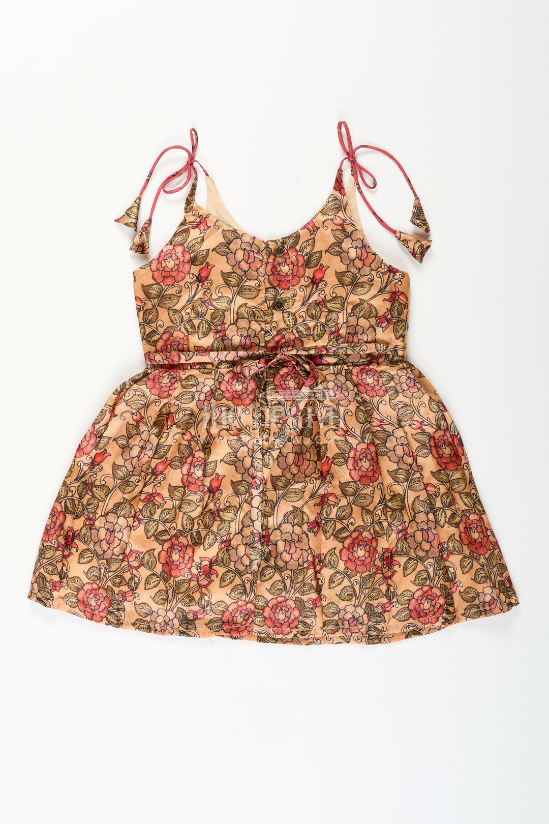 Silk blend floral tie-up frock for baby girls with traditional gold border